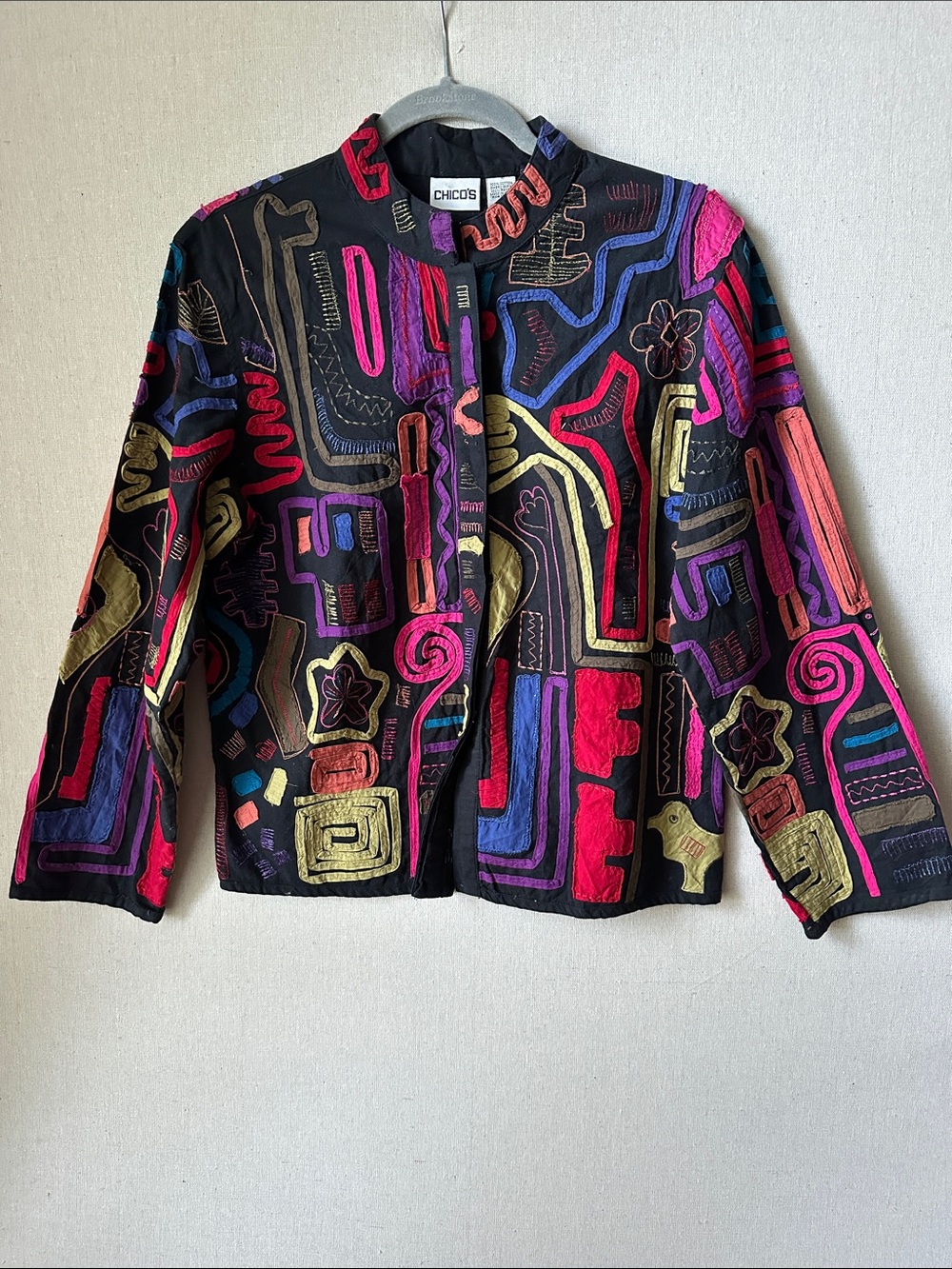 Chico's size 1 Black Jacket with Multicolor Abstract Embroidery